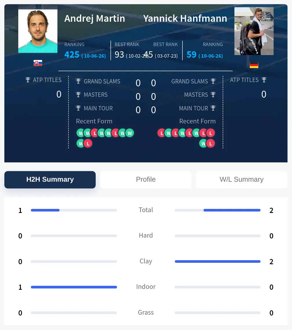 Martin Hanfmann H2h Summary Stats