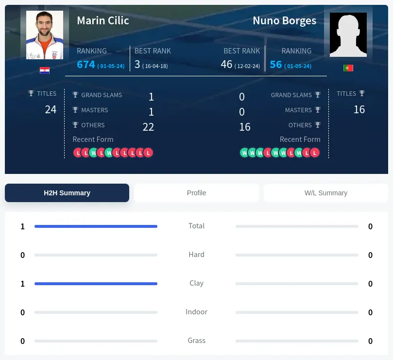 Borges Cilic H2h Summary Stats