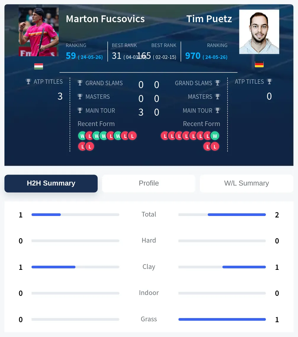 Fucsovics Puetz H2h Summary Stats
