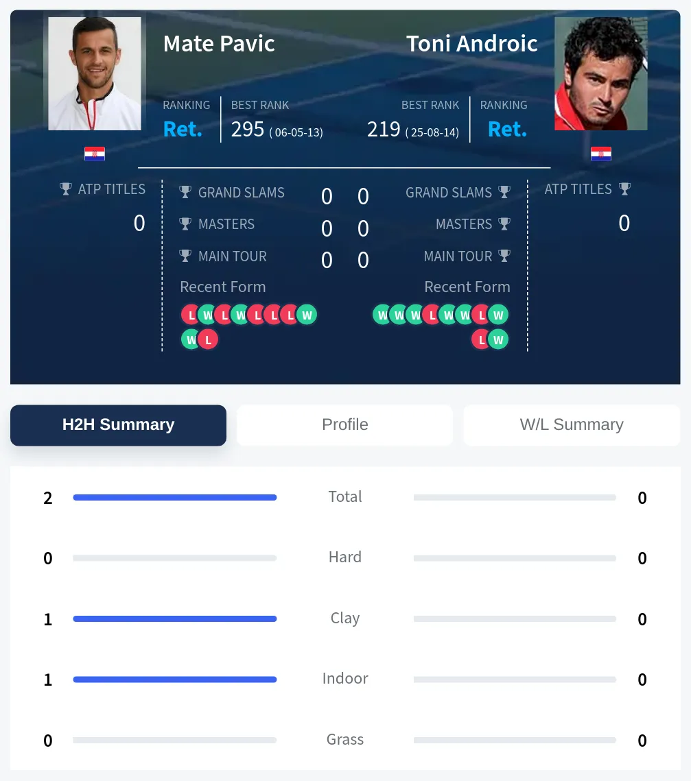 Pavic Androic H2h Summary Stats