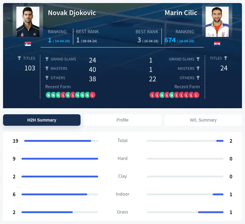 Djokovic Cilic H2h Summary Stats