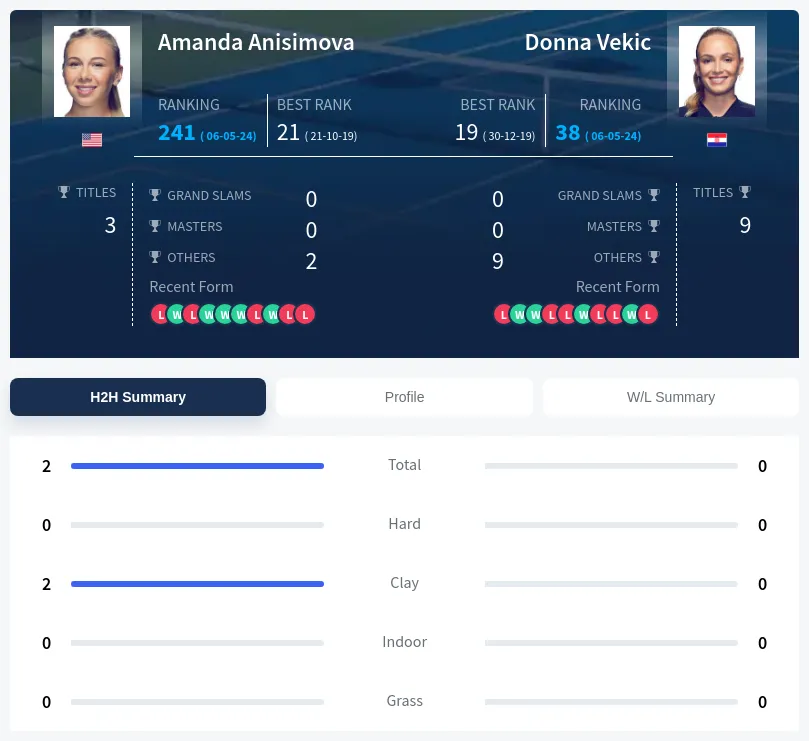 Vekic Anisimova H2h Summary Stats